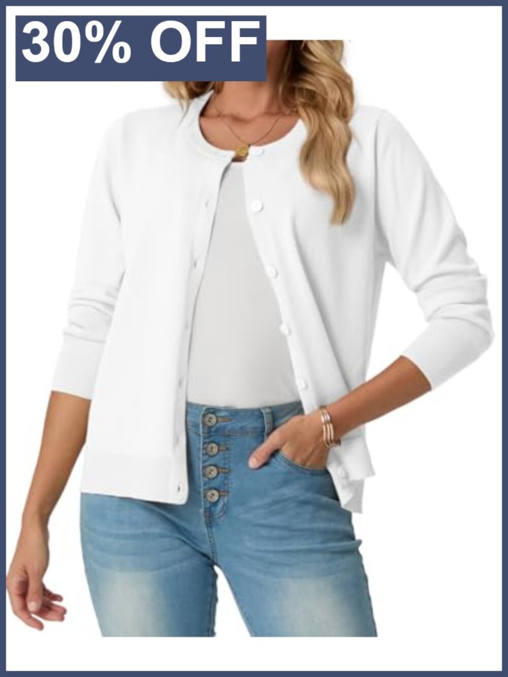 Lightweight Button Up Cardigan Sweater Crew Neck Ribbed Trim